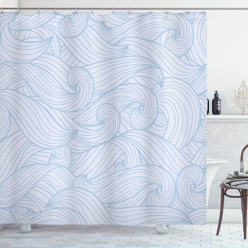 Ambesonne Ocean Shower Curtain, Abstract Pattern Waves and Cloud Fashion Modern Style Work of Art, Cloth Fabric Bathroom Decor Set with Hooks, 69" W x 75" L, Pale Blue