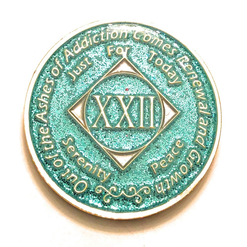 22 Year NA Bling Medallion - Blue, Aqua, Turquoise, Sparkle, Glitter, Chip, Coin, Token