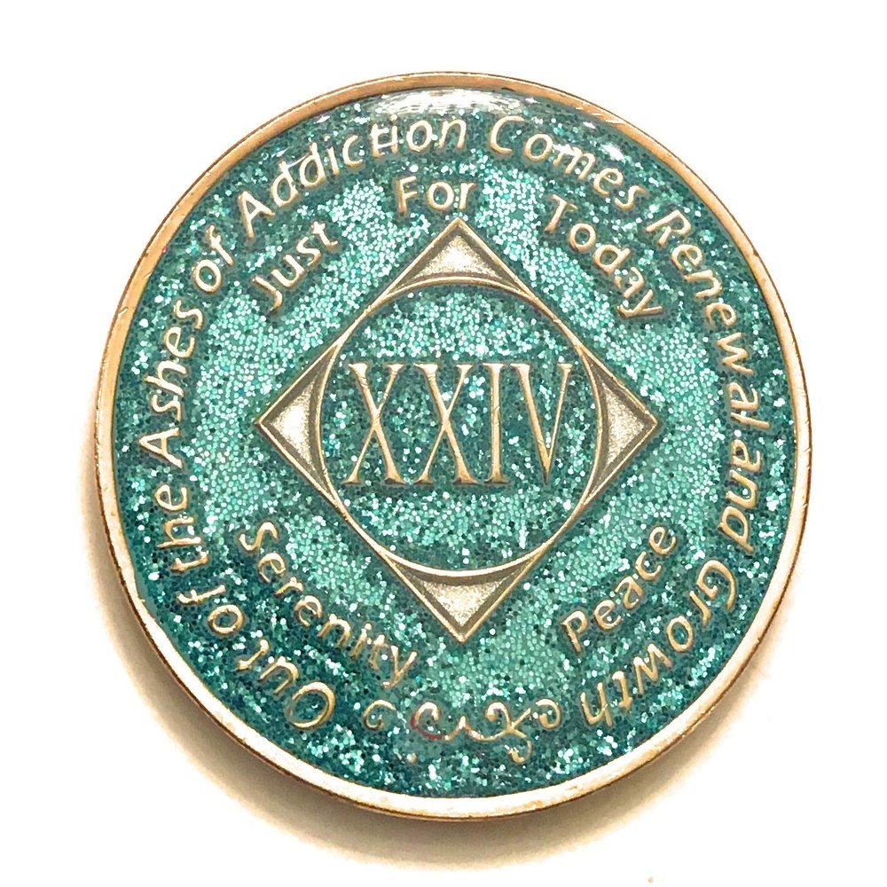 24 Year NA Bling Medallion - Blue, Aqua, Turquoise, Sparkle, Glitter, Chip, Coin, Token