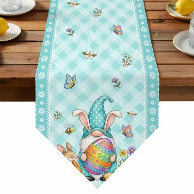 Cotton Linen Triangle Table Runners 120 Inches Long, Farm Spring Easter Floral Butterflies Bees Dresser Scarves Table Decor for Wedding Party/Graduation(13x120In) Gnomes Watercolor Rabbits Carrots