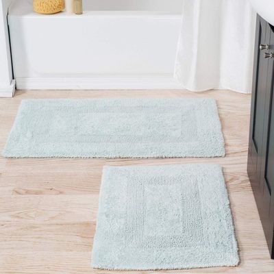 2 Piece Extra Soft Cotton Plush Bath Rug 35x22 Oversized, Beautiful Solid Color Textured Shaggy Touch Non-Slip Seafoam Blue Bathroom Rugs 25x18 Regular-Size Reversible Feel Cozy Comfy Washable Rug Set