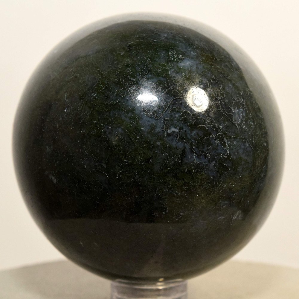 56mm Rich Green Moss Agate Sphere Natural Crystal Ball Polished Mineral Decor Stone - India + Stand
