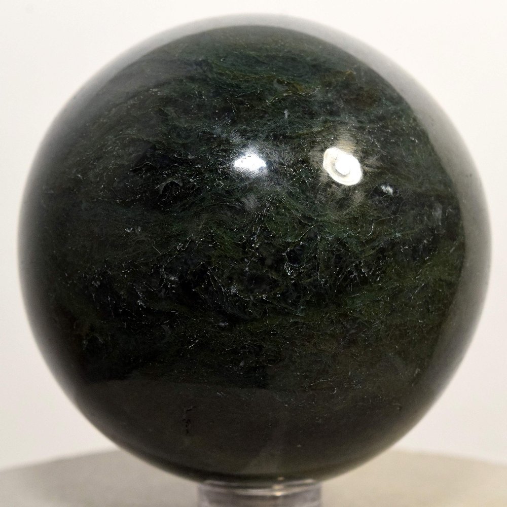2.3" Deep Green Moss Agate Sphere Natural Mineral Ball Polished Crystal Decor Stone - India + Stand