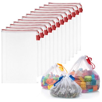 Vandoona Toy Storage & Organization Mesh Bags Set of 12 See-Through Washable Bags & Color Coded Drawstrings by Size for Playroom Organization, Baby Toys (12 Larges (12" x 17"))