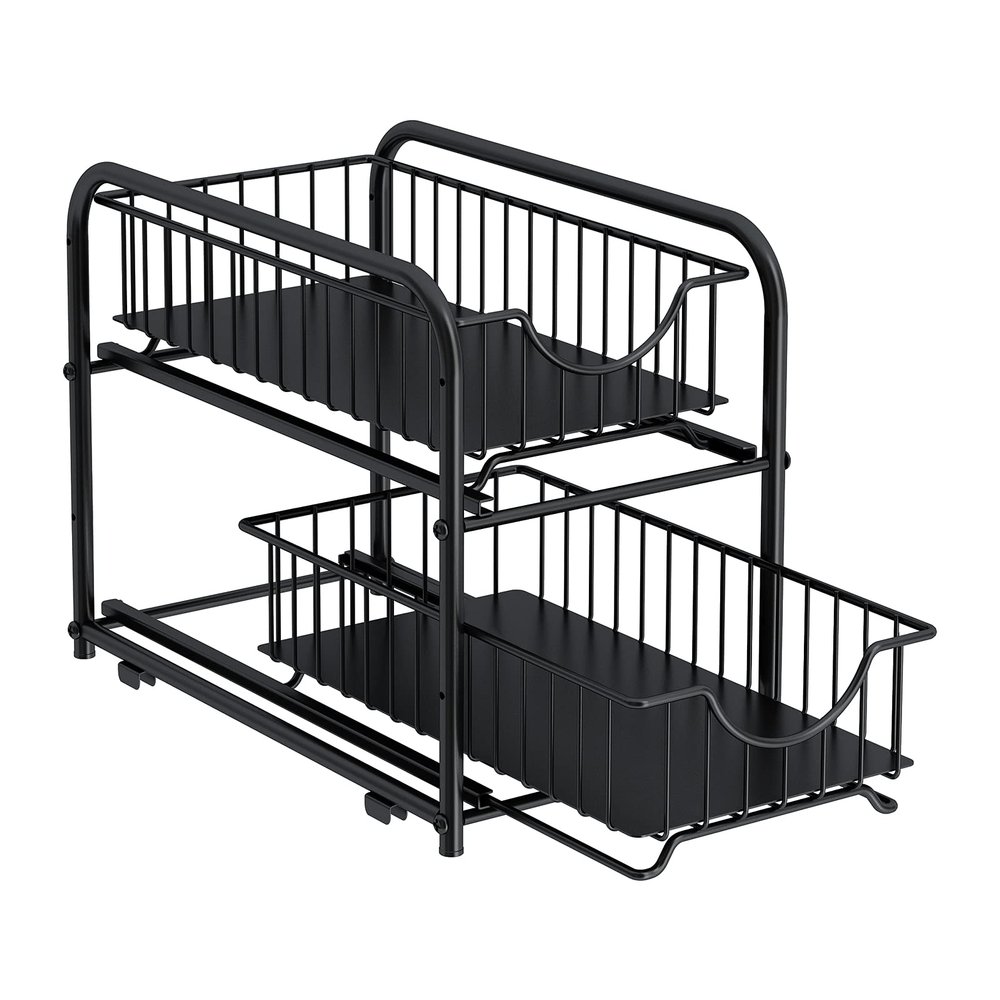 AIYAKA Pull-out Cabinet Organizer, Stackable 2-tier Under Sink Rack, with Sliding Storage Drawer for Pantry, and Desktop, for Bathroom, Kitchen, Office, Black
