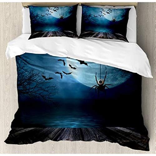 3pc Misty Lake Blue Black King Duvet Set,Halloween Bedding Duvet,Dark Scene Rusty Wooden Deck Spider Eyeball Bats White Moonlight Anqabut Spooky Horror Tree Soft Digital Printed Twilight Boo