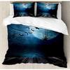 3pc Misty Lake Blue Black King Duvet Set,Halloween Bedding Duvet,Dark Scene Rusty Wooden Deck Spider Eyeball Bats White Moonlight Anqabut Spooky Horror Tree Soft Digital Printed Twilight Boo view 1