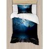 3pc Misty Lake Blue Black King Duvet Set,Halloween Bedding Duvet,Dark Scene Rusty Wooden Deck Spider Eyeball Bats White Moonlight Anqabut Spooky Horror Tree Soft Digital Printed Twilight Boo view 2
