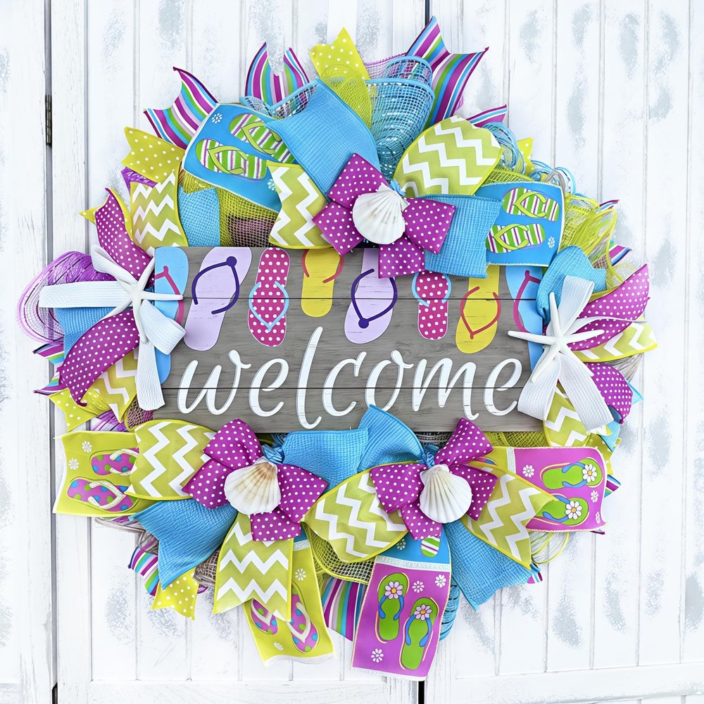 Artisan Welcome Flip Flop Beach, Coastal Wreath with Starfish & Sea Shells! Made by Paradise Wreath Boutique!