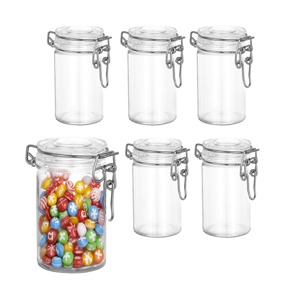 Hammont Clamp Jar Shaped Acrylic Candy Boxes - 6 Pack - 1.75"x3.5" - Perfect for Weddings, Birthdays, Party Favors and Gifts | Designer Cute Clear Lucite Plastic Treat Containers