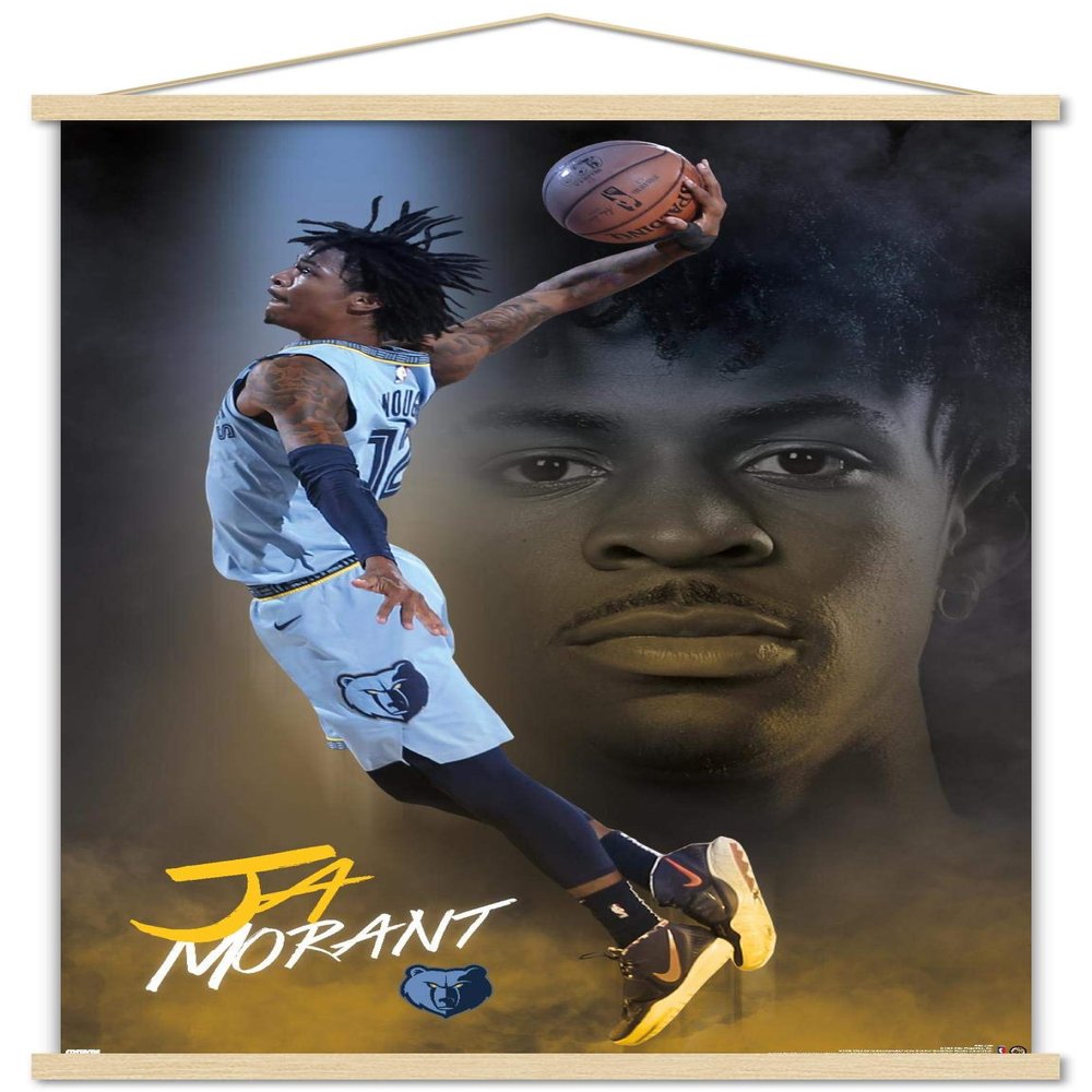 Trends International NBA Memphis Grizzlies - Ja Morant 20 Wall Poster with Magnetic Frame, 34L x 22.4W, Premium Print and Beechwood Hanger Bundle