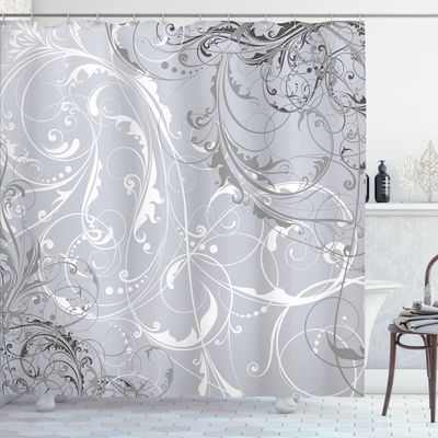Ambesonne Floral Shower Curtain, Baroque Swirl Branches Curved Flower Leaves Shabby Form Nature Pattern, Cloth Fabric Bathroom Decor Set with Hooks, 69" W x 70" L, Pearl White