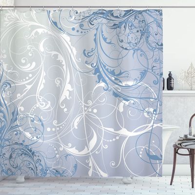 Ambesonne Floral Shower Curtain, Baroque Swirl Branches Curved Flower Leaves Shabby Form Nature Pattern, Cloth Fabric Bathroom Decor Set with Hooks, 69" W x 84" L, Petrol Blue