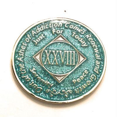 28 Year NA Bling Medallion - Blue, Aqua, Turquoise, Sparkle, Glitter, Chip, Coin, Token