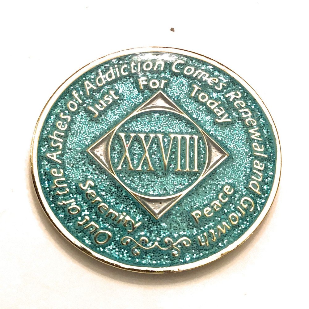 28 Year NA Bling Medallion - Blue, Aqua, Turquoise, Sparkle, Glitter, Chip, Coin, Token