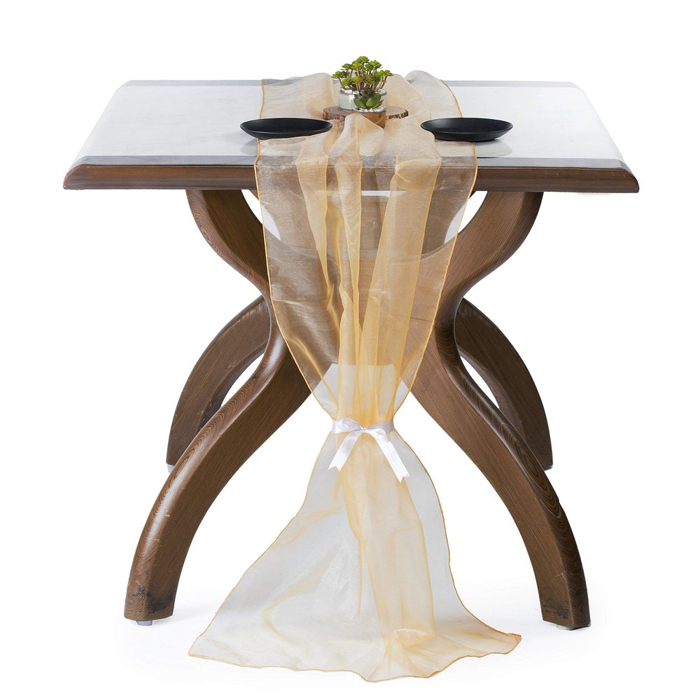 MDS Pack of 5 Wedding 27 x 170 inches Long Sheer Organza Table Runner for Wedding Banquets Decorations Birthday Parties, Engagements, Rustic Boho for 14 Ft Table Runners - Champagne Gold