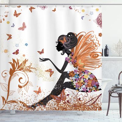 Ambesonne Fantasy Shower Curtain, Spring Butterfly Girl Wings Floral Dress Surreal Garden Print, Cloth Fabric Decorative Set with Hooks for Bathroom Dorm Home Essentials, 69" W x 70" L, Pale Cinnamon