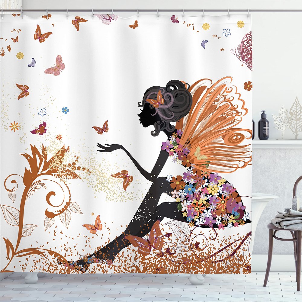 Ambesonne Fantasy Shower Curtain, Spring Butterfly Girl Wings Floral Dress Surreal Garden Print, Cloth Fabric Decorative Set with Hooks for Bathroom Dorm Home Essentials, 69" W x 70" L, Pale Cinnamon