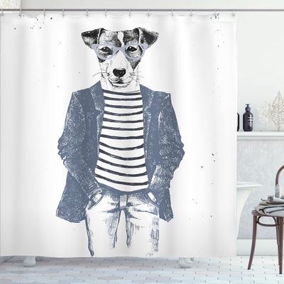 Ambesonne Quirky Shower Curtain, Hipster Jack Russell Dog Glasses Hand Drawn Sketchy Fashion Animal Fun, Cloth Fabric Bathroom Decor Set with Hooks, 69" W x 70" L, Blue Grey