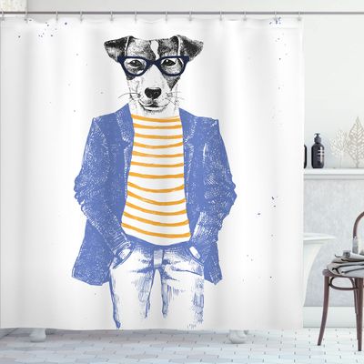 Ambesonne Quirky Shower Curtain, Hipster Jack Russell Dog Glasses Hand Drawn Sketchy Fashion Animal Fun, Cloth Fabric Bathroom Decor Set with Hooks, 69" W x 75" L, Ceil Blue