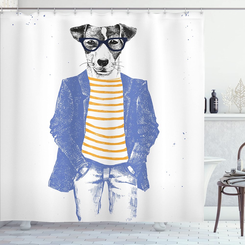 Ambesonne Quirky Shower Curtain, Hipster Jack Russell Dog Glasses Hand Drawn Sketchy Fashion Animal Fun, Cloth Fabric Bathroom Decor Set with Hooks, 69" W x 75" L, Ceil Blue