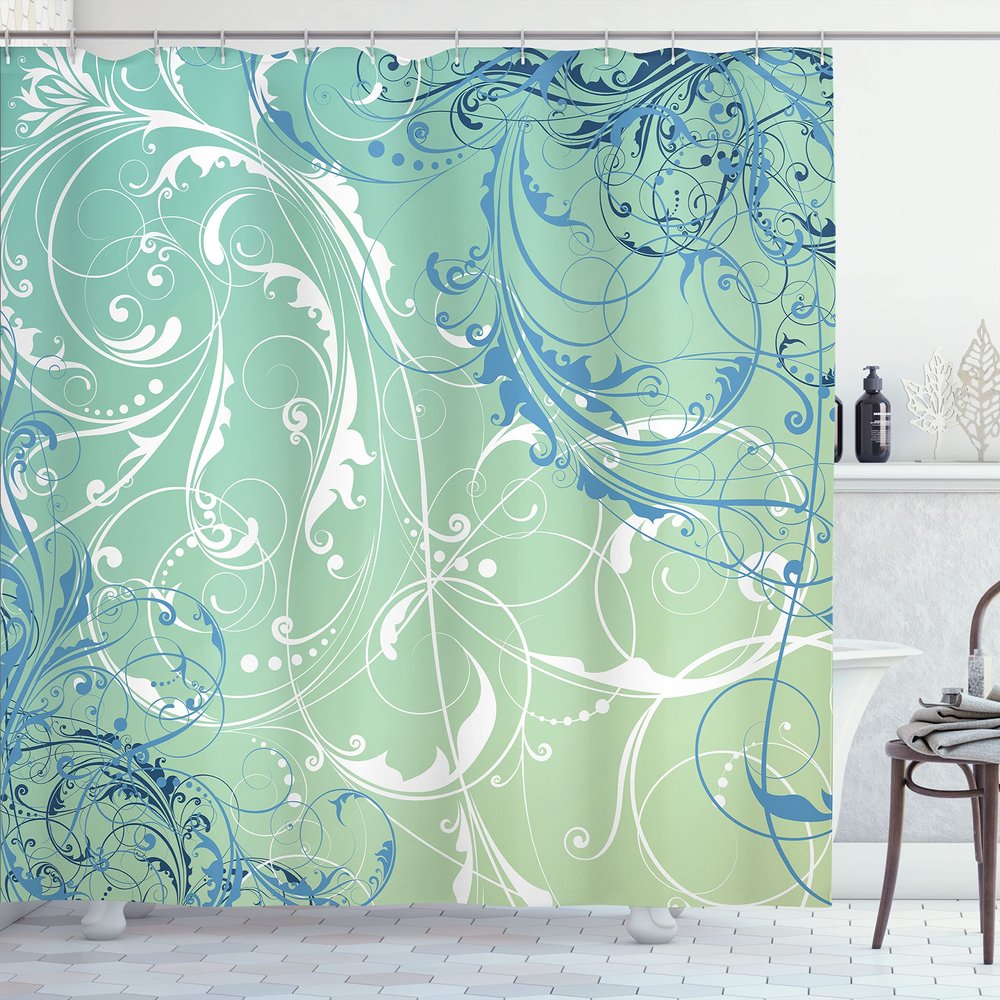 Ambesonne Floral Shower Curtain, Baroque Swirl Branches Curved Flower Leaves Shabby Form Nature Pattern, Cloth Fabric Bathroom Decor Set with Hooks, 69" W x 84" L, Fern Green