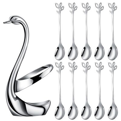 AnSaw Silver Small Coffee Spoon Holder Set,Swan Base With 10 Pcs Demitasse Espresso Spoons Set,4.7" Mini Leaf Dessert Spoon,Stainless Steel Tea Spoons
