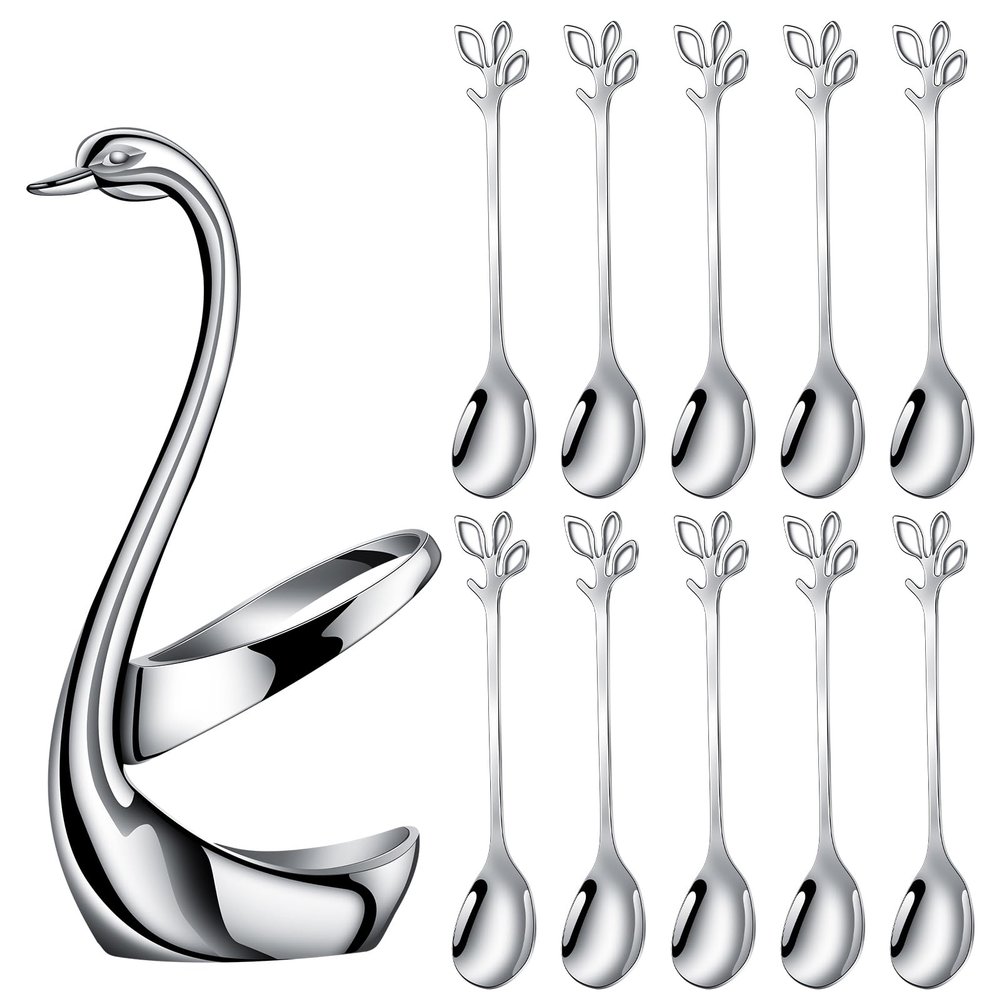 AnSaw Silver Small Coffee Spoon Holder Set,Swan Base With 10 Pcs Demitasse Espresso Spoons Set,4.7" Mini Leaf Dessert Spoon,Stainless Steel Tea Spoons