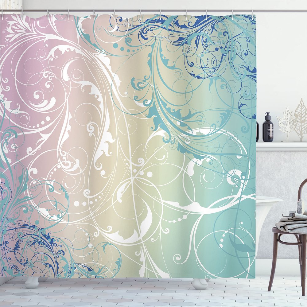 Ambesonne Floral Shower Curtain, Baroque Swirl Branches Curved Flower Leaves Shabby Form Nature Pattern, Cloth Fabric Bathroom Decor Set with Hooks, 69" W x 84" L, Seafoam White