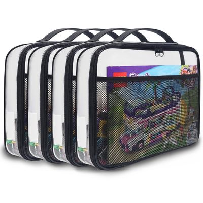 holay 4 Packs Large PVC Toy Storage Organizer with Zipper, Name Tag & Manual Pocket, Clear Durable Case for Blocks, Clay, Board Games, Travel (Black, Large)