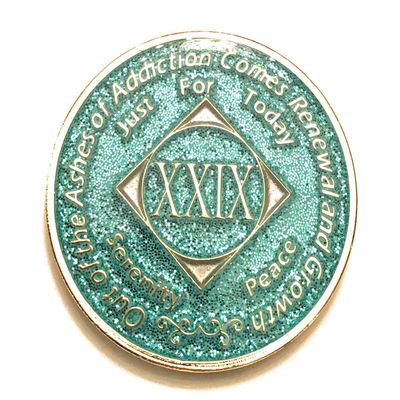 29 Year NA Bling Medallion - Blue, Aqua, Turquoise, Sparkle, Glitter, Chip, Coin, Token