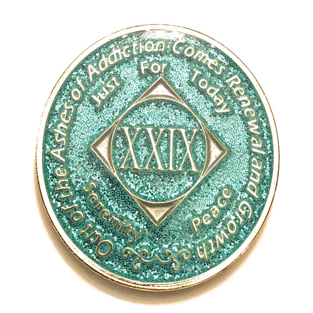 29 Year NA Bling Medallion - Blue, Aqua, Turquoise, Sparkle, Glitter, Chip, Coin, Token