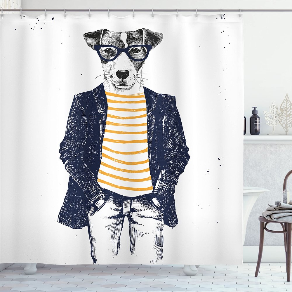 Ambesonne Quirky Shower Curtain, Hipster Jack Russell Dog Glasses Hand Drawn Sketchy Fashion Animal Fun, Cloth Fabric Bathroom Decor Set with Hooks, 69" W x 75" L, Marigold White