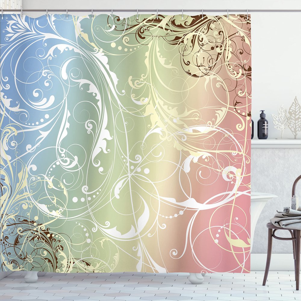 Ambesonne Floral Shower Curtain, Baroque Swirl Branches Curved Flower Leaves Shabby Form Nature Pattern, Cloth Fabric Bathroom Decor Set with Hooks, 69" W x 84" L, Pale Sky
