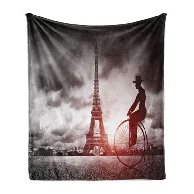 Ambesonne Eiffel Tower Soft Flannel Fleece Throw Blanket, Man on Retro Bicycle Next to Eiffel Tower Paris France Dramatic Sky Sun, Cozy Plush for Indoor and Outdoor Use, 60" x 80", Grey Red