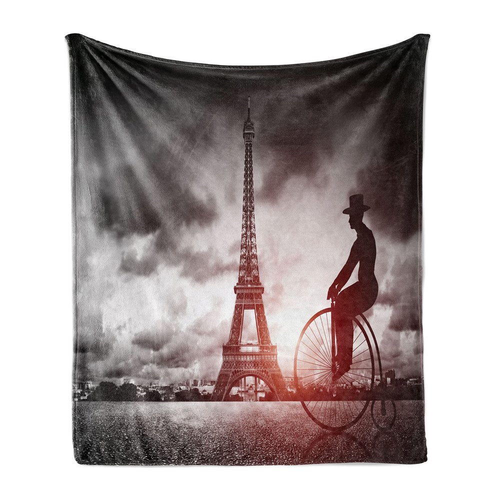 Ambesonne Eiffel Tower Soft Flannel Fleece Throw Blanket, Man on Retro Bicycle Next to Eiffel Tower Paris France Dramatic Sky Sun, Cozy Plush for Indoor and Outdoor Use, 60" x 80", Grey Red