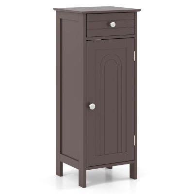 Tangkula Bathroom Floor Cabinet, Free-Standing Single Door Storage Cabinet with Drawer & 2 Adjustable Shelves, Wooden 14L Narrow Side Storage Organizer for Small Spaces, Living Room, Kitchen (Brown)