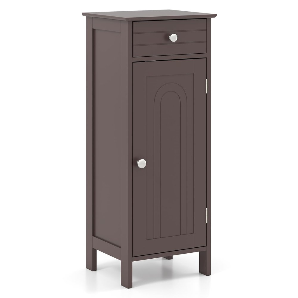 Tangkula Bathroom Floor Cabinet, Free-Standing Single Door Storage Cabinet with Drawer & 2 Adjustable Shelves, Wooden 14L Narrow Side Storage Organizer for Small Spaces, Living Room, Kitchen (Brown)