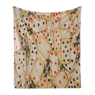 Ambesonne Casino Soft Flannel Fleece Throw Blanket, Old Playing Cards Themed Vintage Classic Style Entertaining Wealth Fortune, Cozy Plush for Indoor and Outdoor Use, 60" x 80", Beige Black