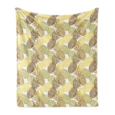 Ambesonne Pineapple Soft Flannel Fleece Throw Blanket, Summer Themed Overlapping Curving Exotic Tropical Pineapples with Lines Print, Cozy Plush for Indoor and Outdoor Use, 60" x 80", Brown Yellow