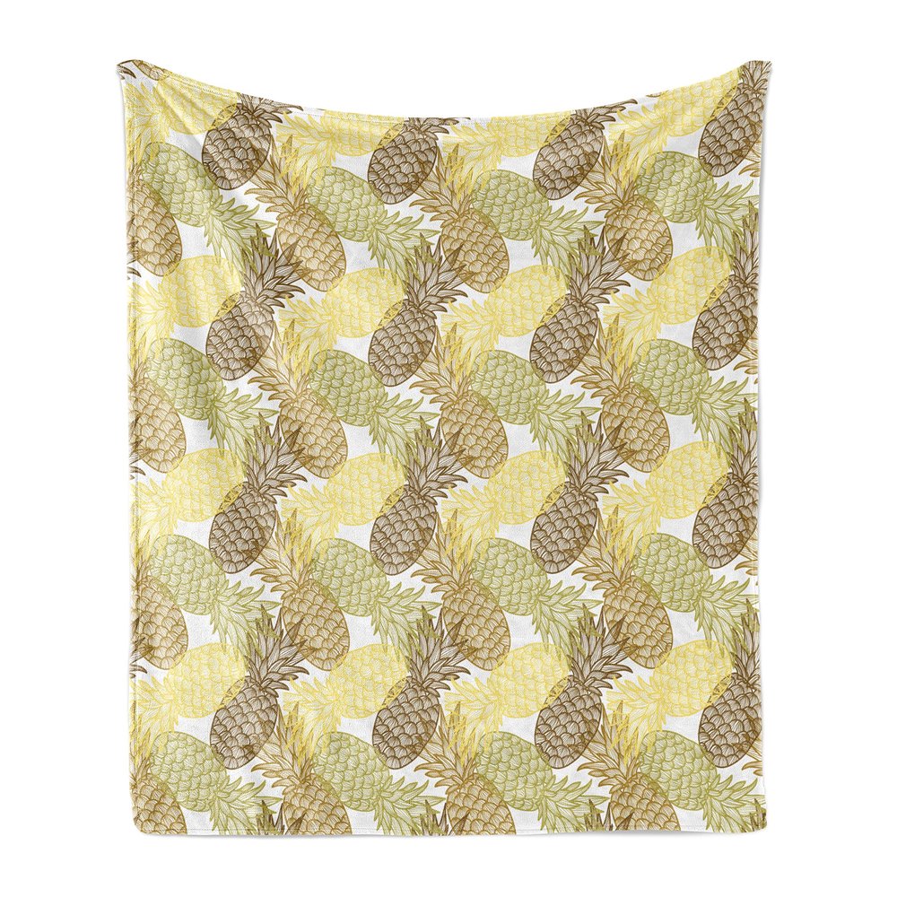 Ambesonne Pineapple Soft Flannel Fleece Throw Blanket, Summer Themed Overlapping Curving Exotic Tropical Pineapples with Lines Print, Cozy Plush for Indoor and Outdoor Use, 60" x 80", Brown Yellow