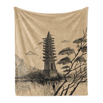 Ambesonne East Soft Flannel Fleece Throw Blanket, Old Stone Tiered Tower Vintage Taoist House of Faith Historical Illustration, Cozy Plush for Indoor and Outdoor Use, 60" x 80", Brown Black