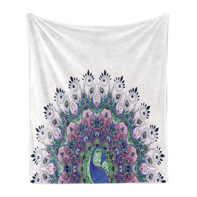 Ambesonne Peacock Soft Flannel Fleece Throw Blanket, Peacock Illustration Exotic Wildlife Feather Ornament Vintage Oriental, Cozy Plush for Indoor and Outdoor Use, 60" x 80", Pink Navy
