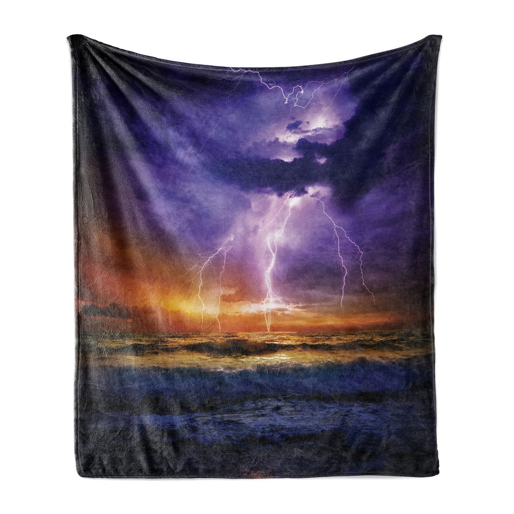 Ambesonne Nature Soft Flannel Fleece Throw Blanket, Epic Thunder and The Storm on The Sea Wave Horizon Bad Weather Atmosphere, Cozy Plush for Indoor and Outdoor Use, 50" x 60", Purple Orange