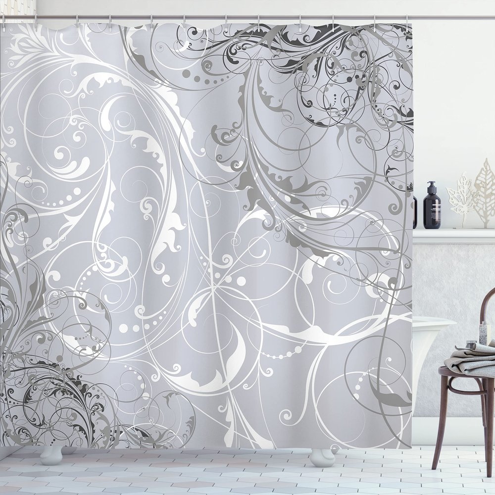 Ambesonne Floral Shower Curtain, Baroque Swirl Branches Curved Flower Leaves Shabby Form Nature Pattern, Cloth Fabric Bathroom Decor Set with Hooks, 69" W x 84" L, Pearl White