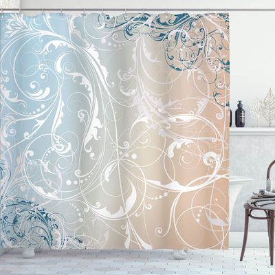Ambesonne Floral Shower Curtain, Baroque Swirl Branches Curved Flower Leaves Shabby Form Nature Pattern, Cloth Fabric Bathroom Decor Set with Hooks, 69" W x 84" L, Champagne Dust