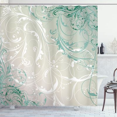 Ambesonne Floral Shower Curtain, Baroque Swirl Branches Curved Flower Leaves Shabby Form Nature Pattern, Cloth Fabric Bathroom Decor Set with Hooks, 69" W x 70" L, Coconut Seafoam