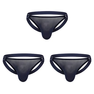 Andongnywell Men's Mesh Sports Through Fishnet Briefs Low Rise Panties Underwear Thong Comfty Pouch Underpants 3 Pack (Navy Blue,Small)