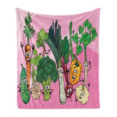 Ambesonne Vegetables Soft Flannel Fleece Throw Blanket, Nursery Themed Healthy Foods Graphic with Happy Nutrition Characters, Cozy Plush for Indoor and Outdoor Use, 60" x 80", Pink