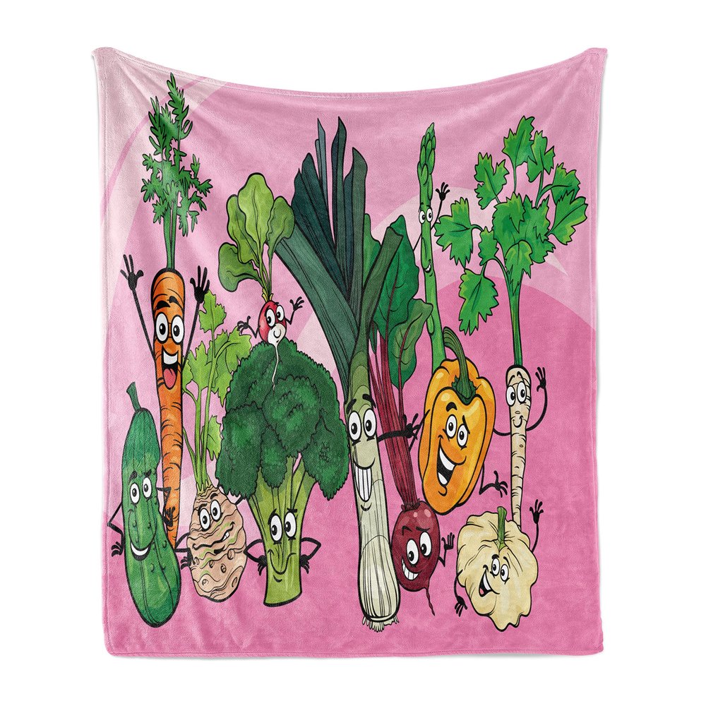 Ambesonne Vegetables Soft Flannel Fleece Throw Blanket, Nursery Themed Healthy Foods Graphic with Happy Nutrition Characters, Cozy Plush for Indoor and Outdoor Use, 60" x 80", Pink